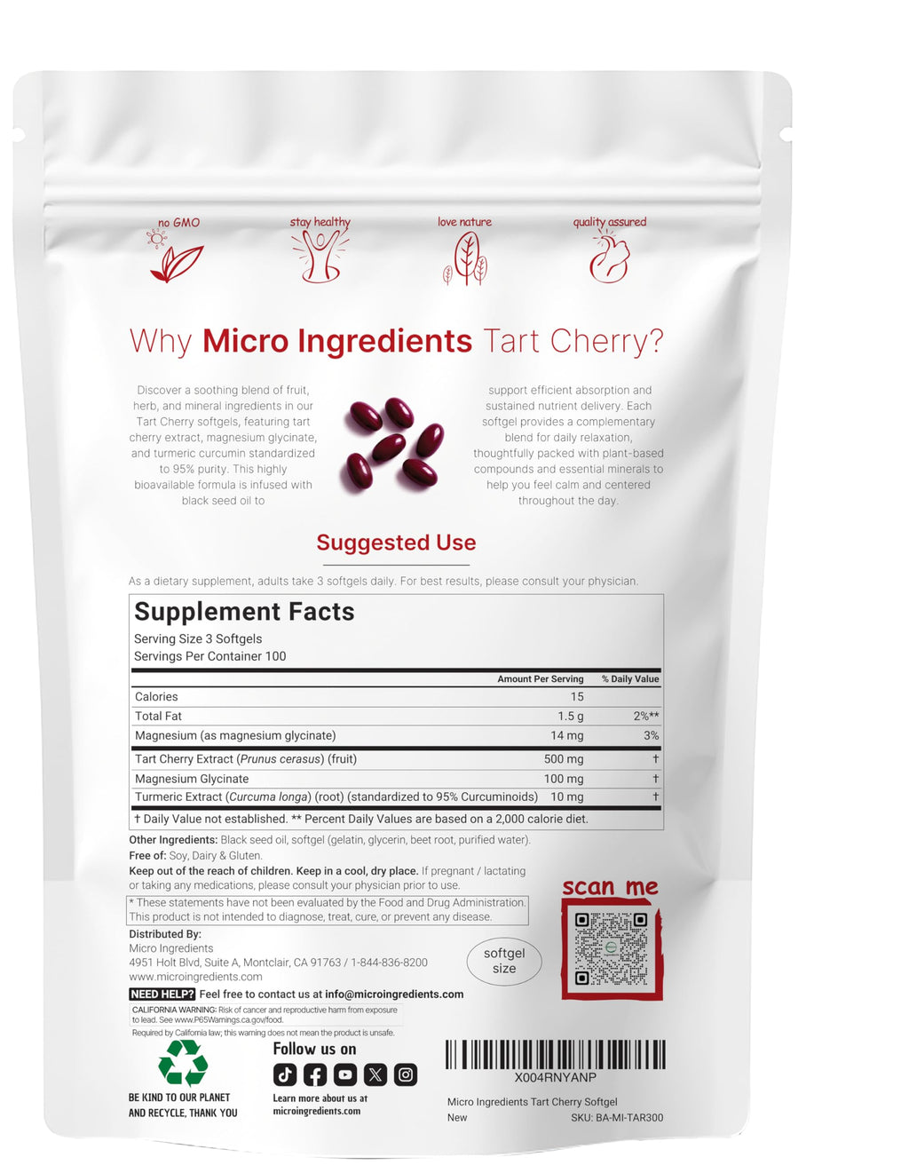 Micro Ingredients Tart Cherry 300 softgels nutritional supplement bag back label.