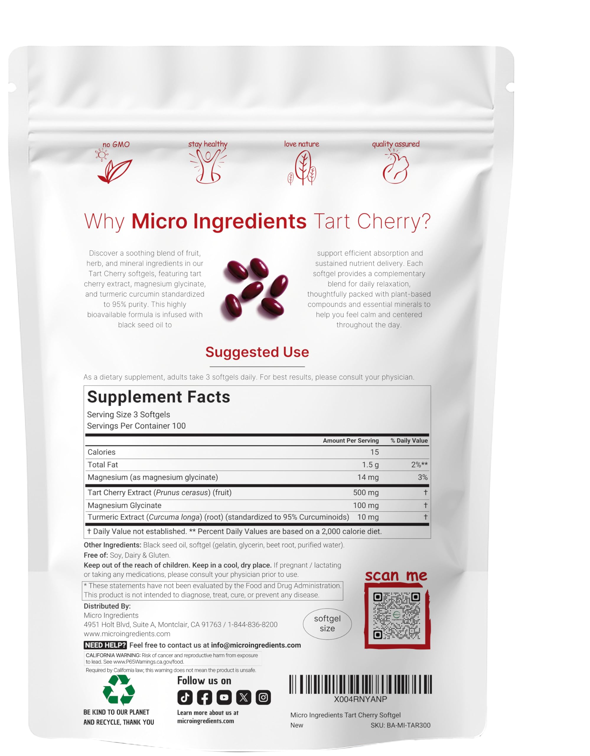 Micro Ingredients Tart Cherry supplement softgels nutritional label facts