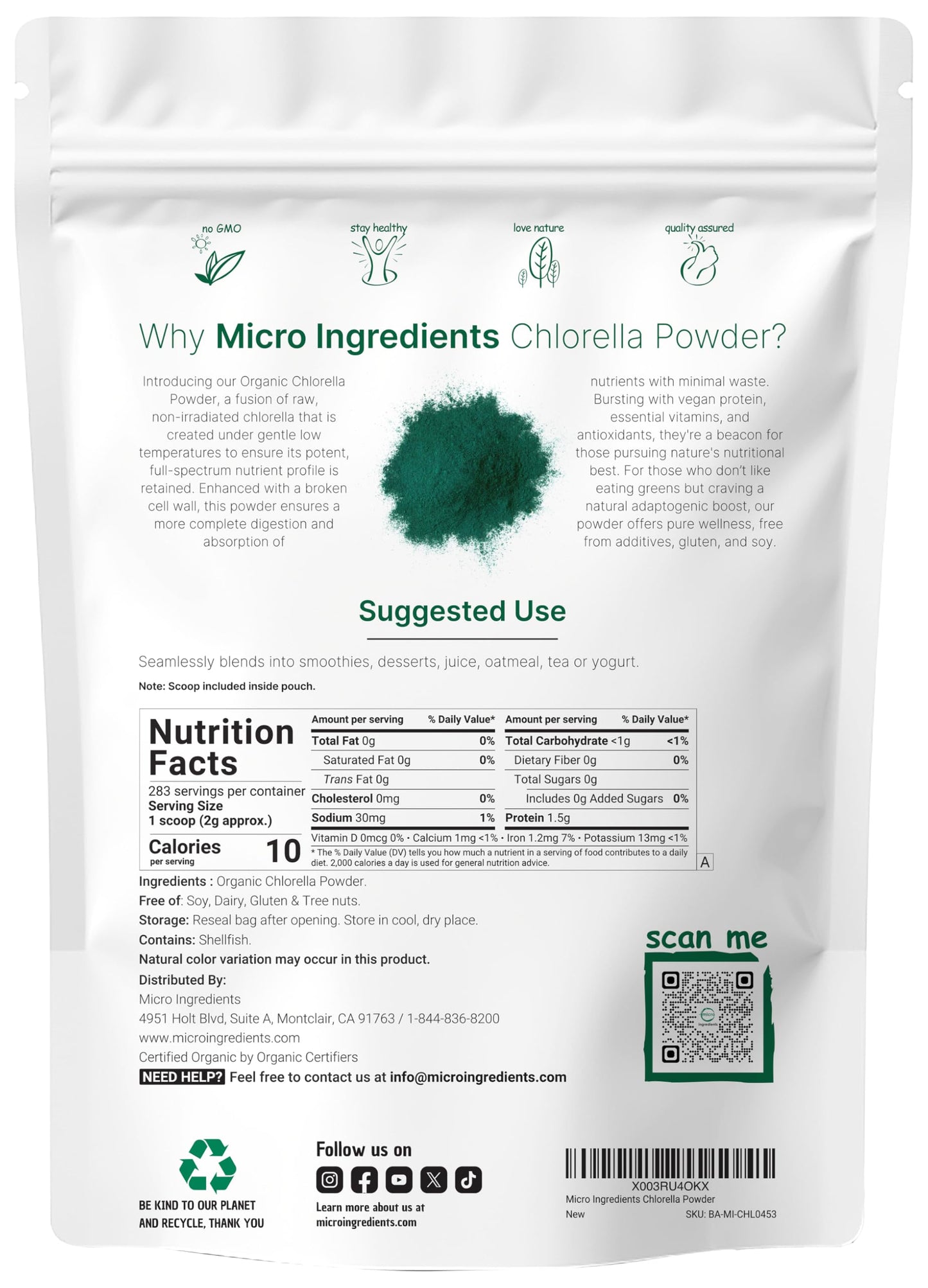 Micro Ingredients Chlorella powder bag with broken cell wall label