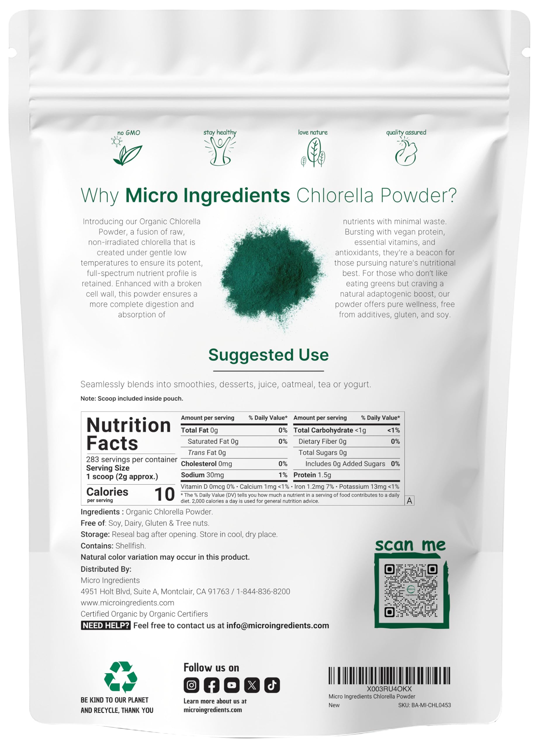 Micro Ingredients Chlorella powder bag with broken cell wall label