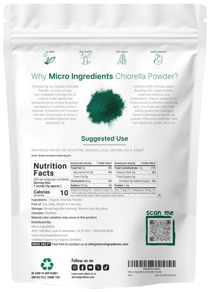 Micro Ingredients Chlorella powder bag with broken cell wall label