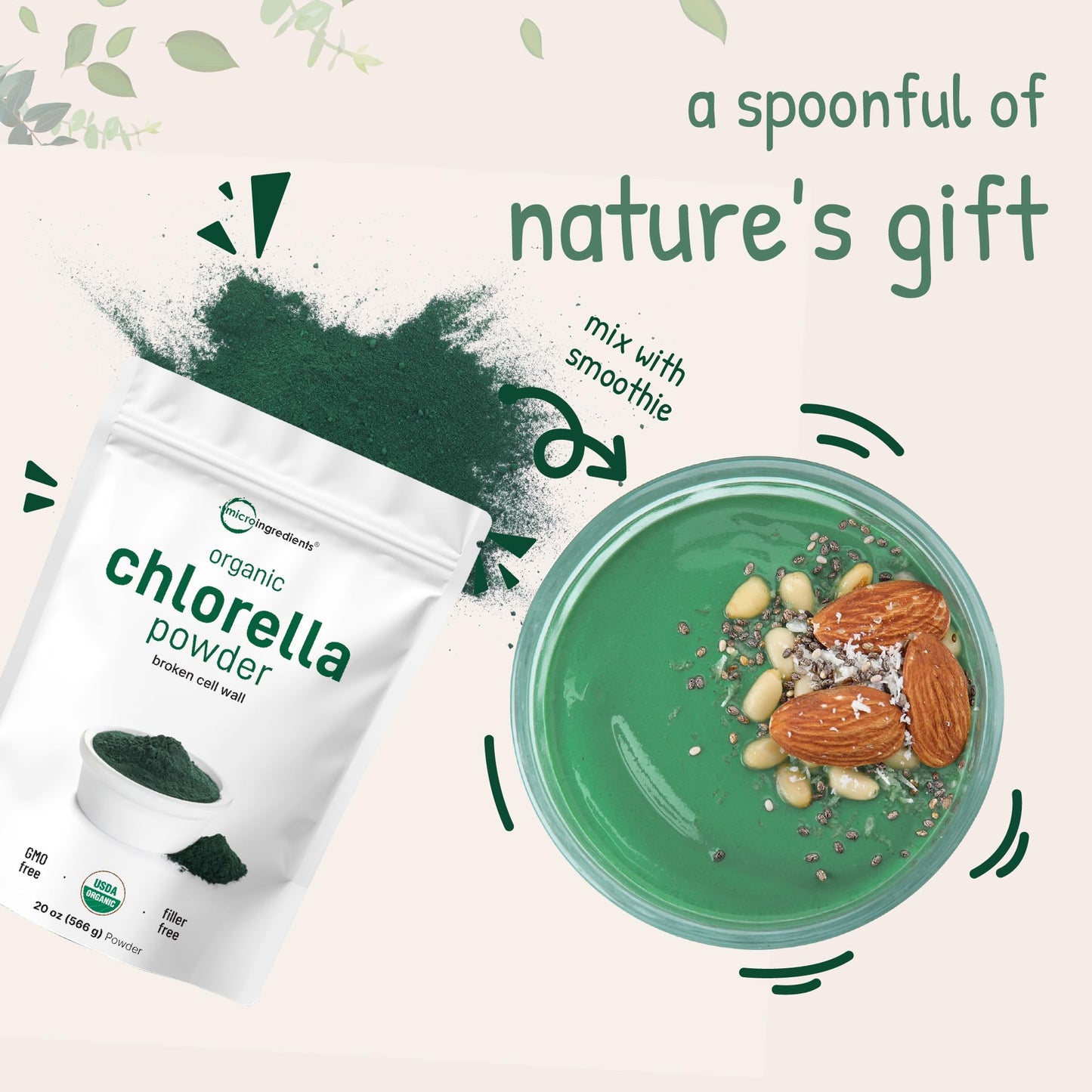 Micro Ingredients 20 Ounces chlorella powder nutritional label