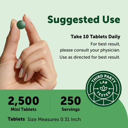 Close up of organic spirulina and chlorella mini tablets
