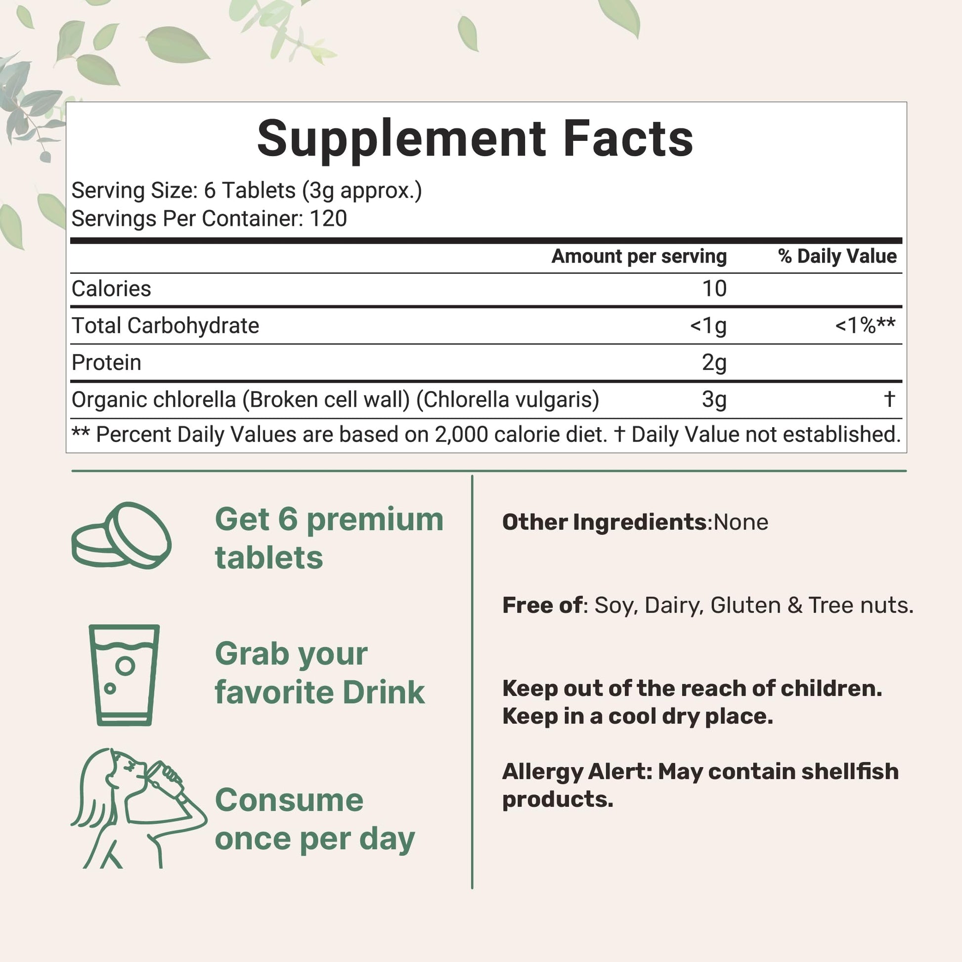 Back of Micro Ingredients chlorella bottle showing supplement facts