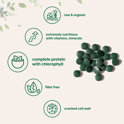 Organic chlorella tablets texture and size comparison