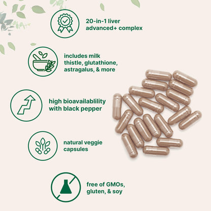 Vegetarian capsules displayed beside Micro Ingredients Liver Advanced bottle emphasizing 120-day supply