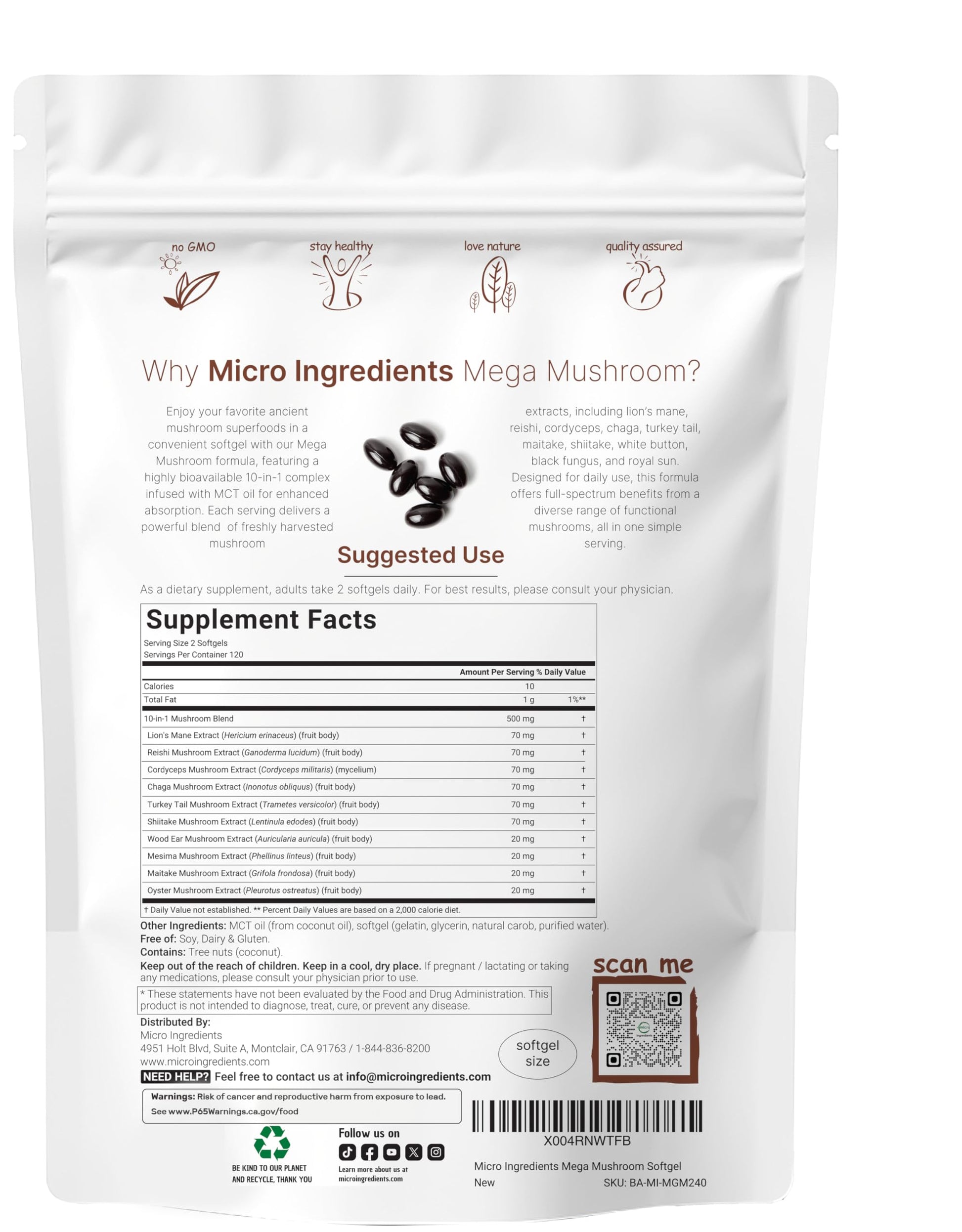 Micro Ingredients 10-in-1 functional mushroom blend nutritional facts and clean ingredients label.