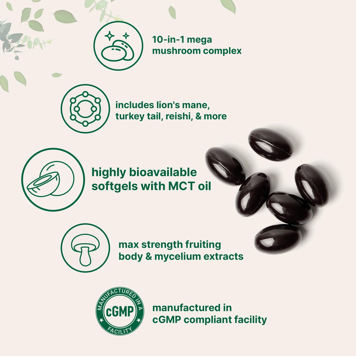 Close-up of the easy-to-swallow mushroom softgels infused with coconut MCT oil for bioavailability.