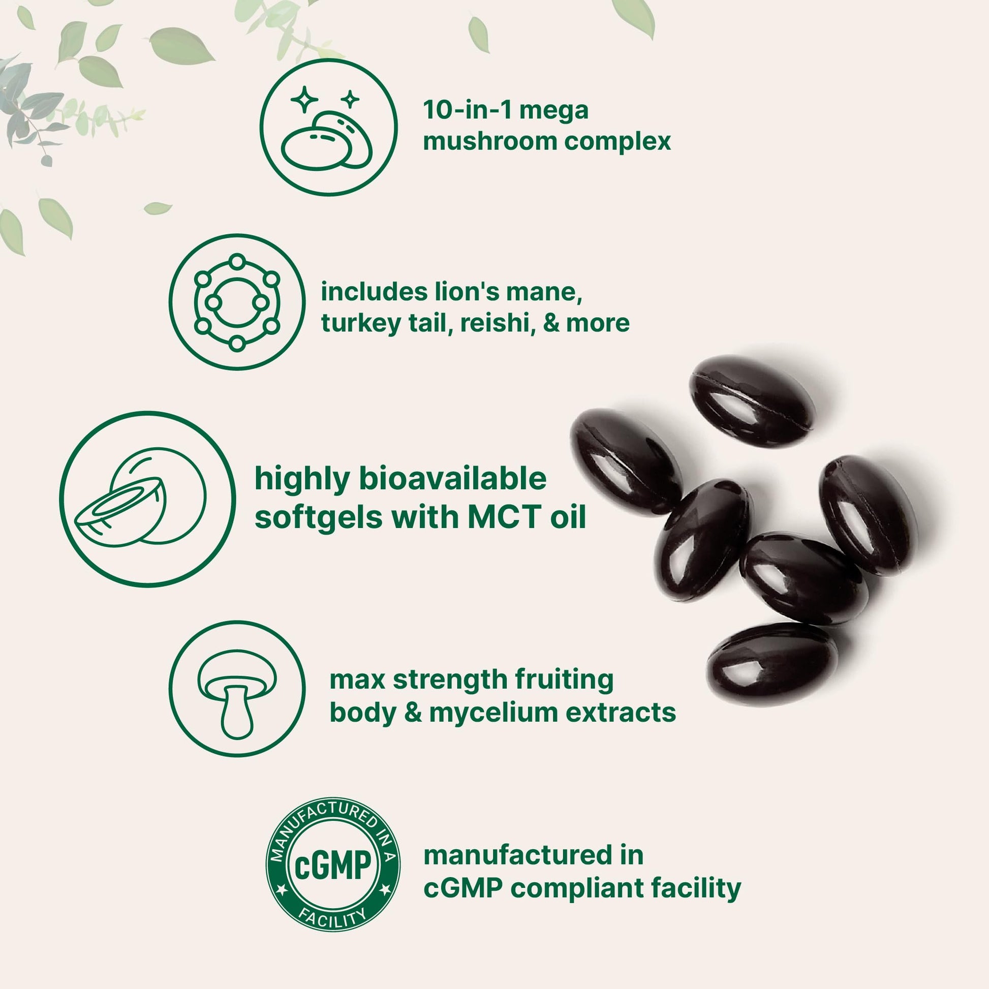 Close-up of the easy-to-swallow mushroom softgels infused with coconut MCT oil for bioavailability.