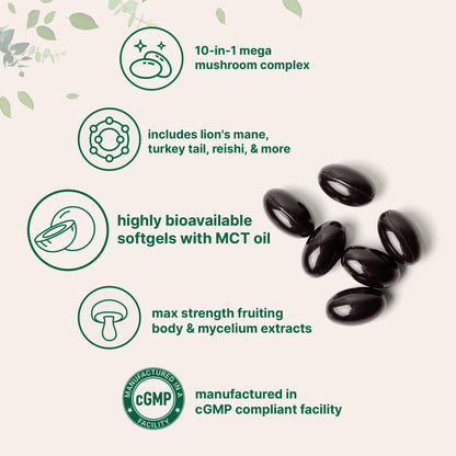 Close-up of the easy-to-swallow mushroom softgels infused with coconut MCT oil for bioavailability.