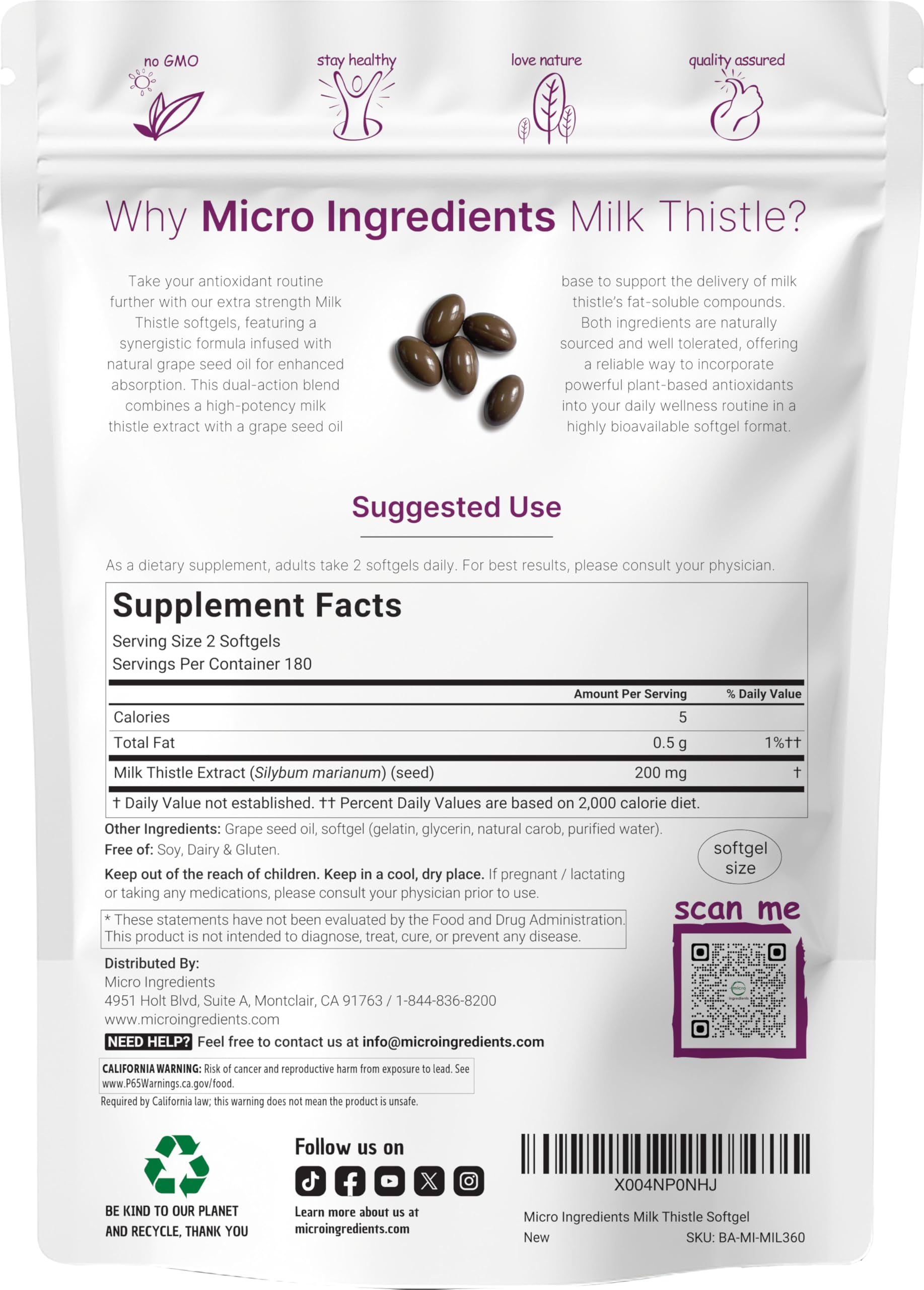 Micro Ingredients Milk Thistle extract with grape seed oil packaging showing serving facts.