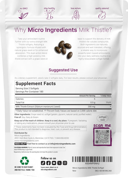 Micro Ingredients Milk Thistle extract with grape seed oil packaging showing serving facts.