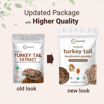 Sustainably US grown Turkey Tail mushroom powder dietary supplement back label with ingredient facts