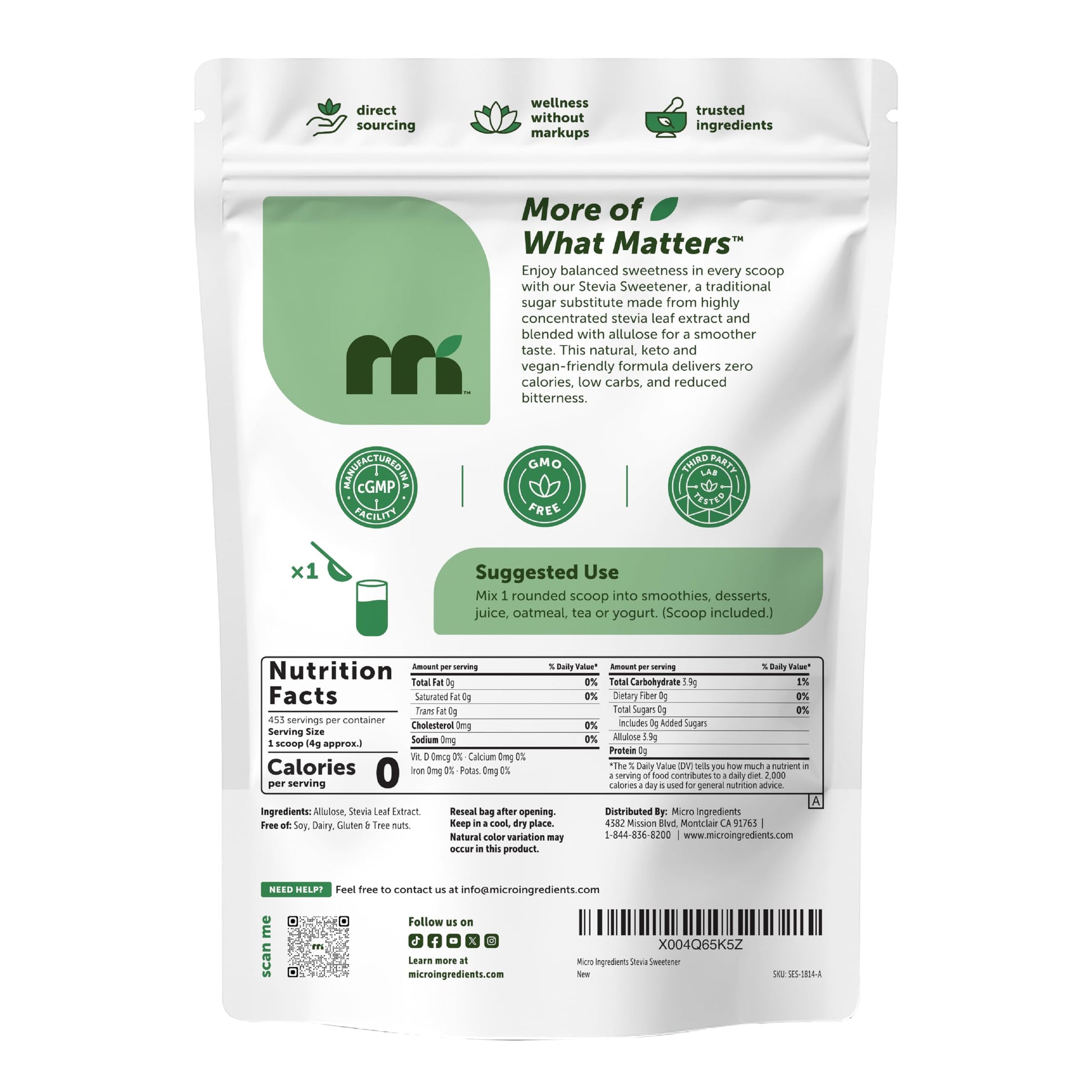 Micro Ingredients plant-based sugar substitute pouch back label with ingredient facts