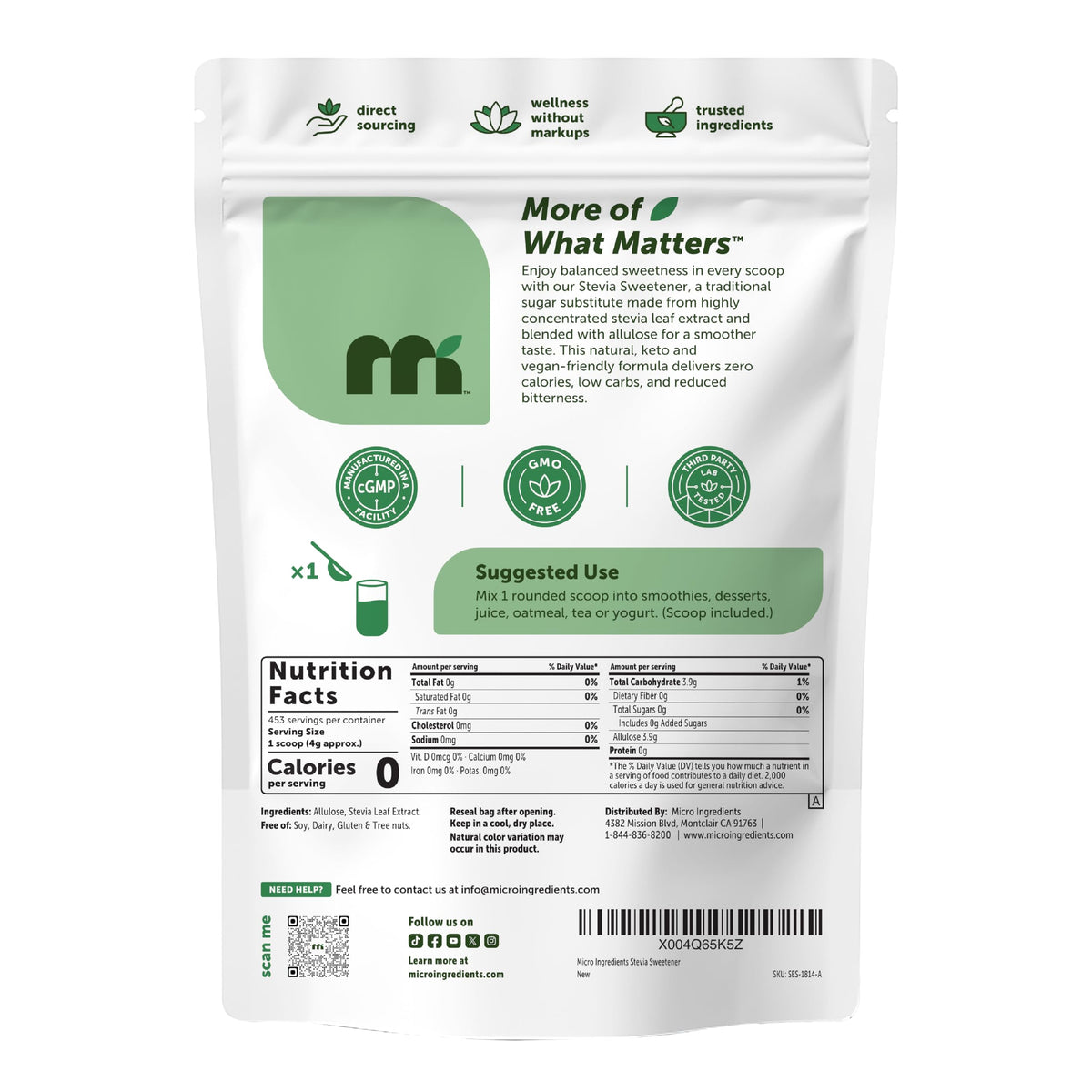 Micro Ingredients plant-based sugar substitute pouch back label with ingredient facts