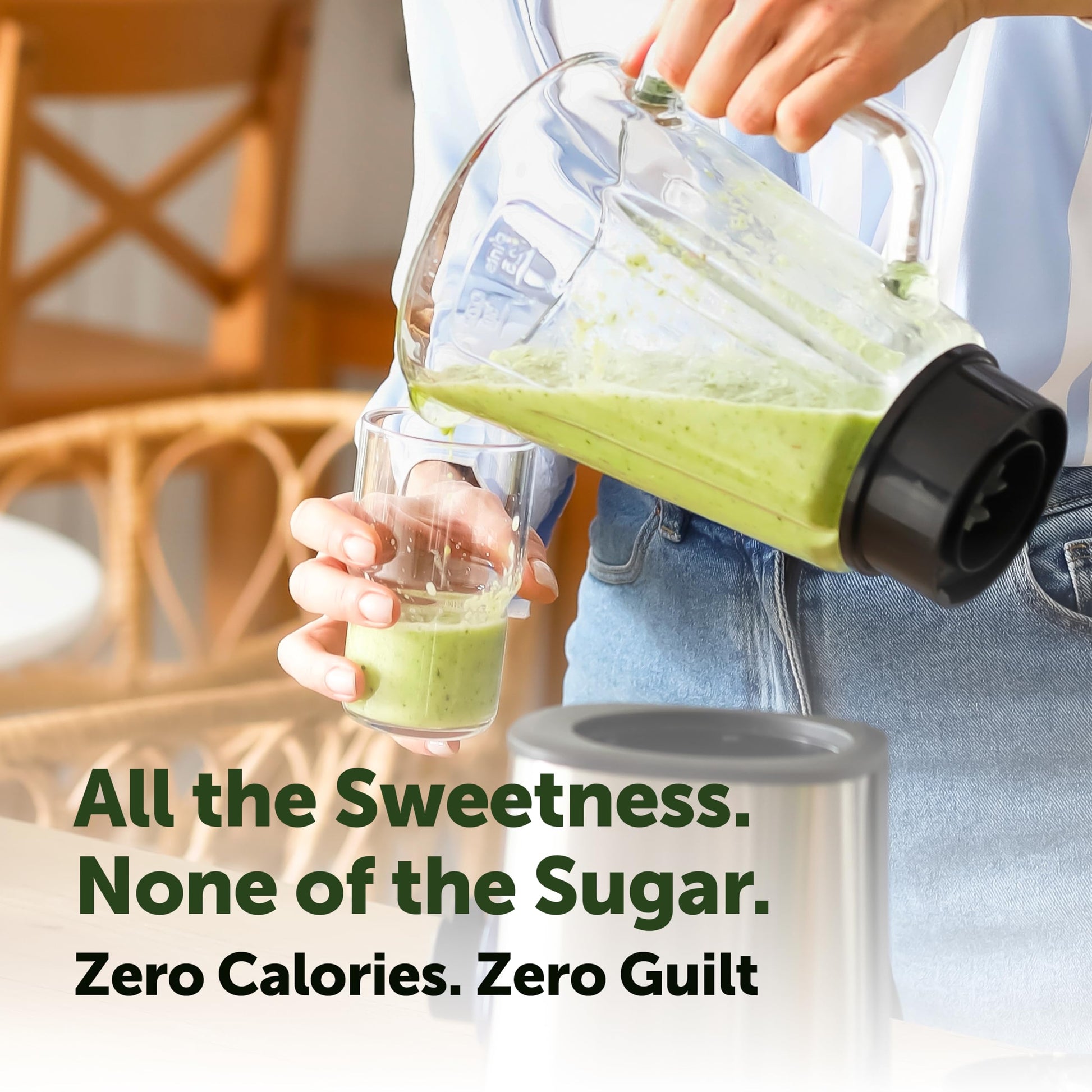 Natural sugar substitute powder measured next to a cup of morning coffee