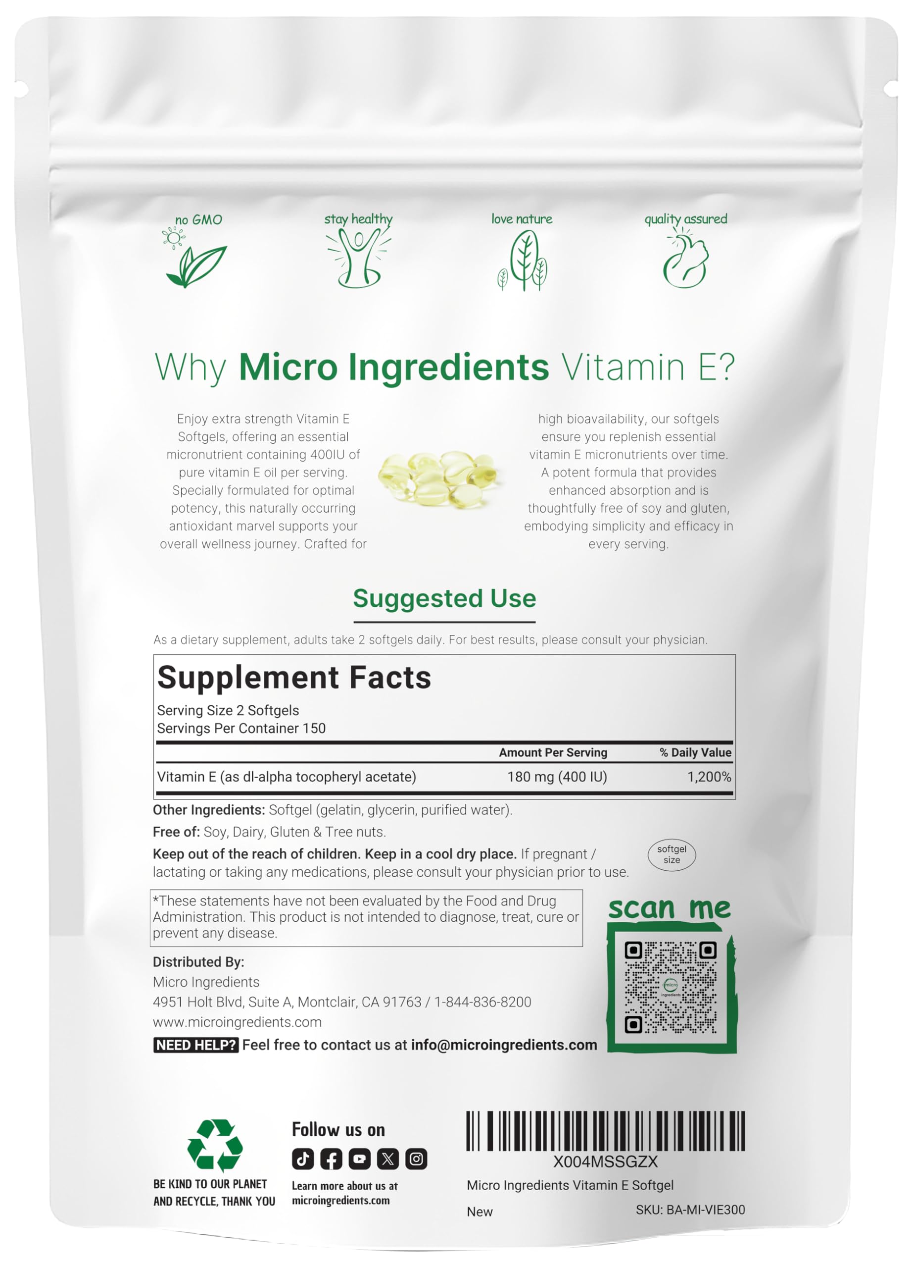 Micro Ingredients pure Vitamin E oil pills dietary supplement packaging details and daily micronutrient information