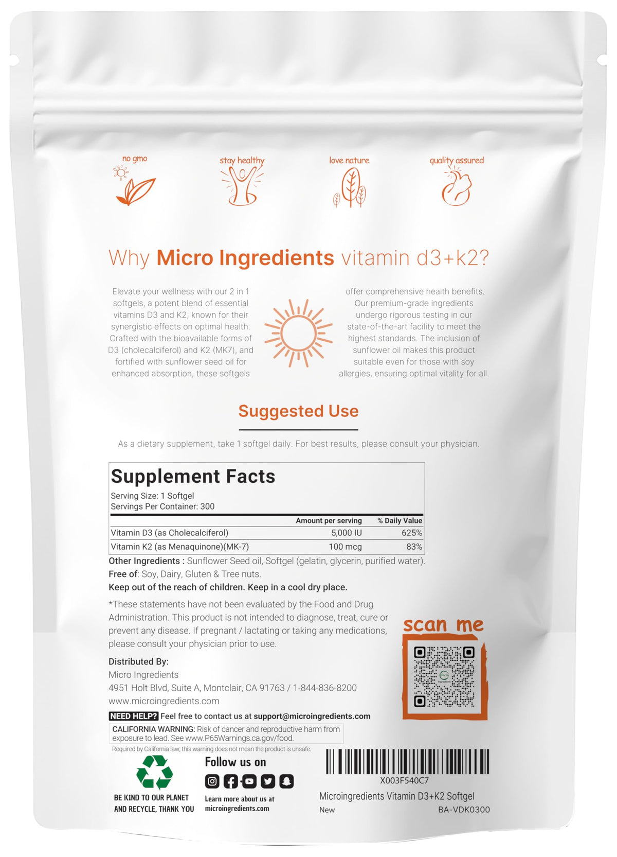 Micro Ingredients Vitamin D3 K2 Supplement Facts Label