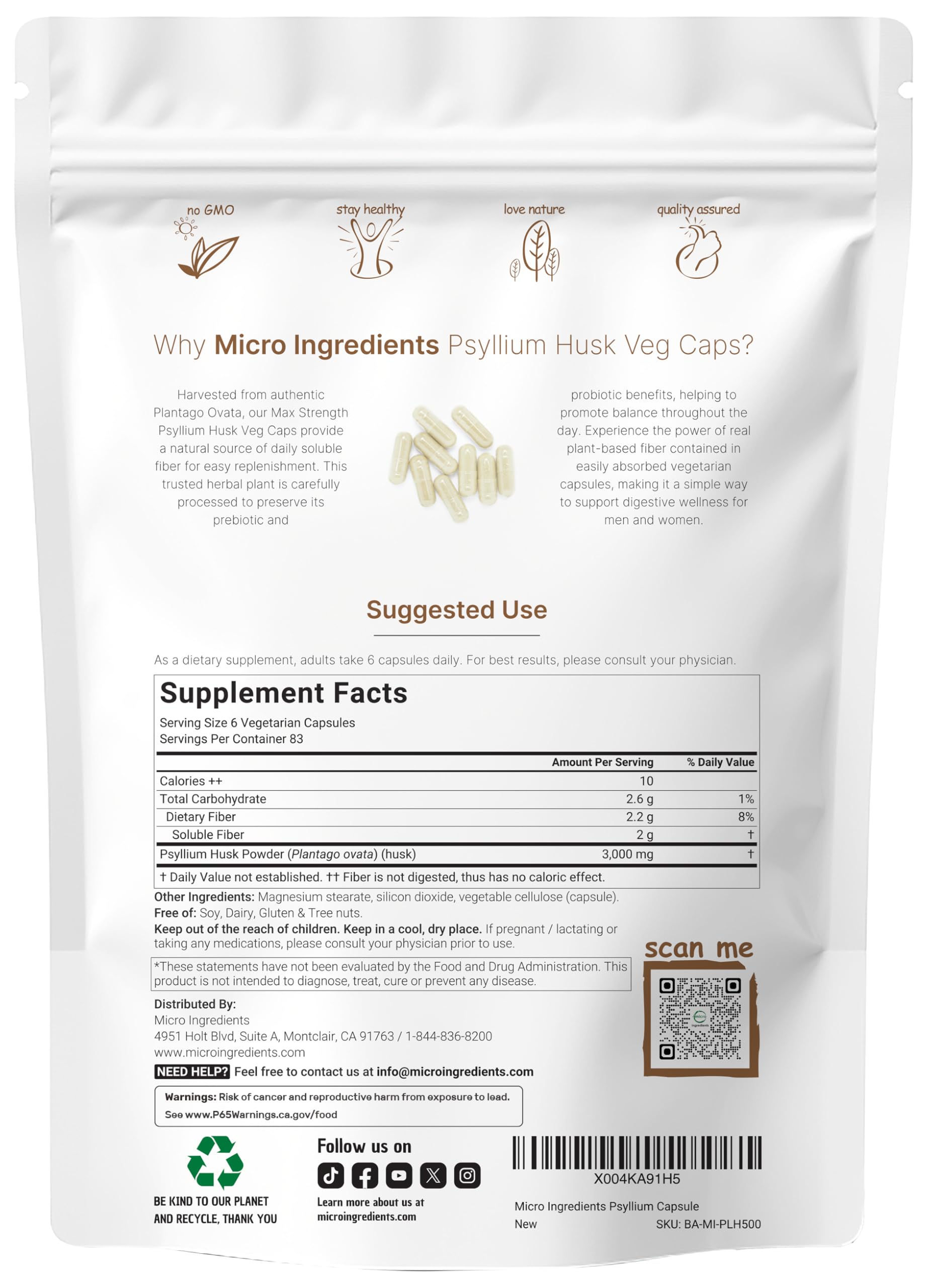 Micro Ingredients Psyllium Husk 500 count bottle label