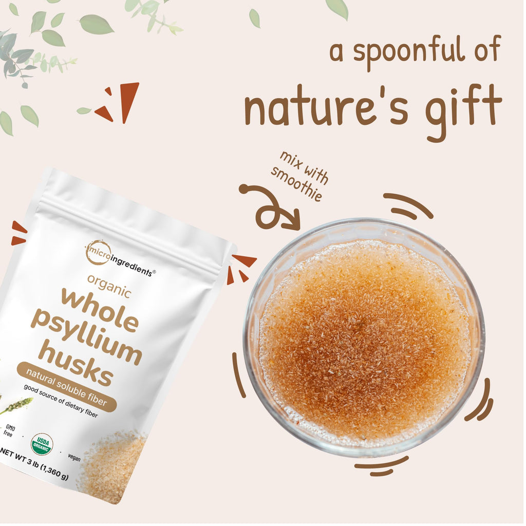 3 pound bag of Micro Ingredients psyllium husk next to measuring scoop