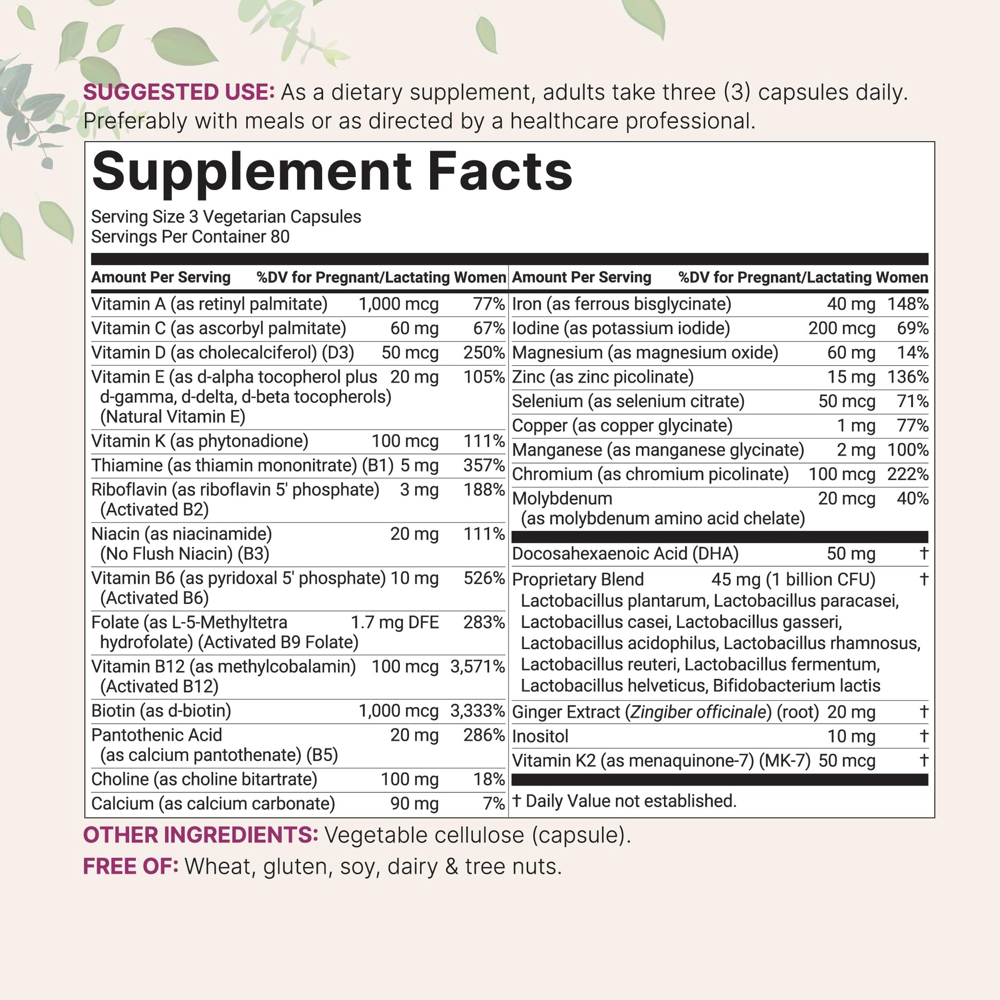 Micro Ingredients Prenatal supplement label showing 38-in-1 ingredients