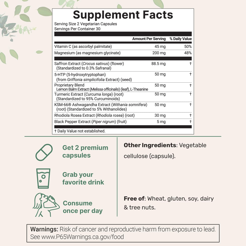 Supplement facts panel on Micro Ingredients Saffron Advanced showing the ten in one premium ingredient blend.
