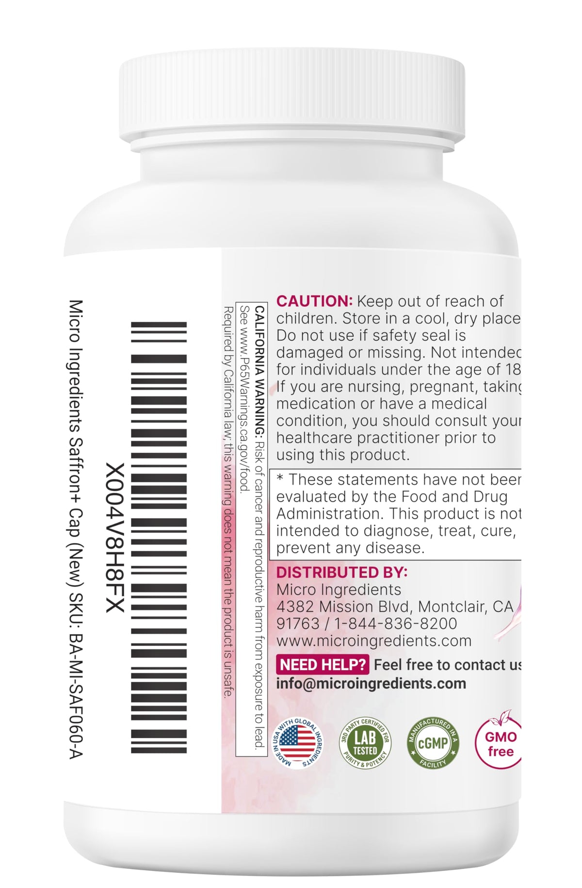 Authentic imported Micro Ingredients Saffron Advanced bottle showcasing the clean, filler-free label design.