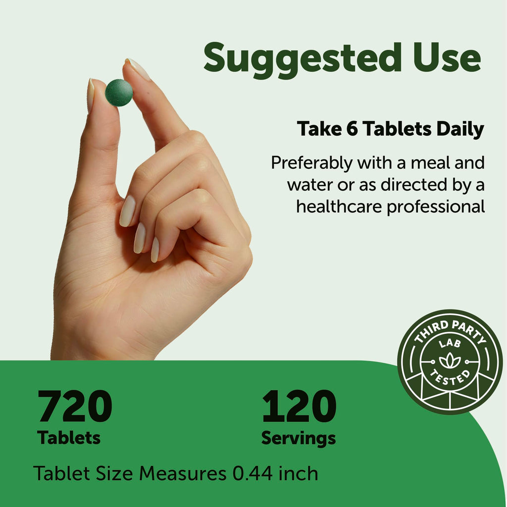 Close up view of green organic spirulina tablets rich in chlorophyll