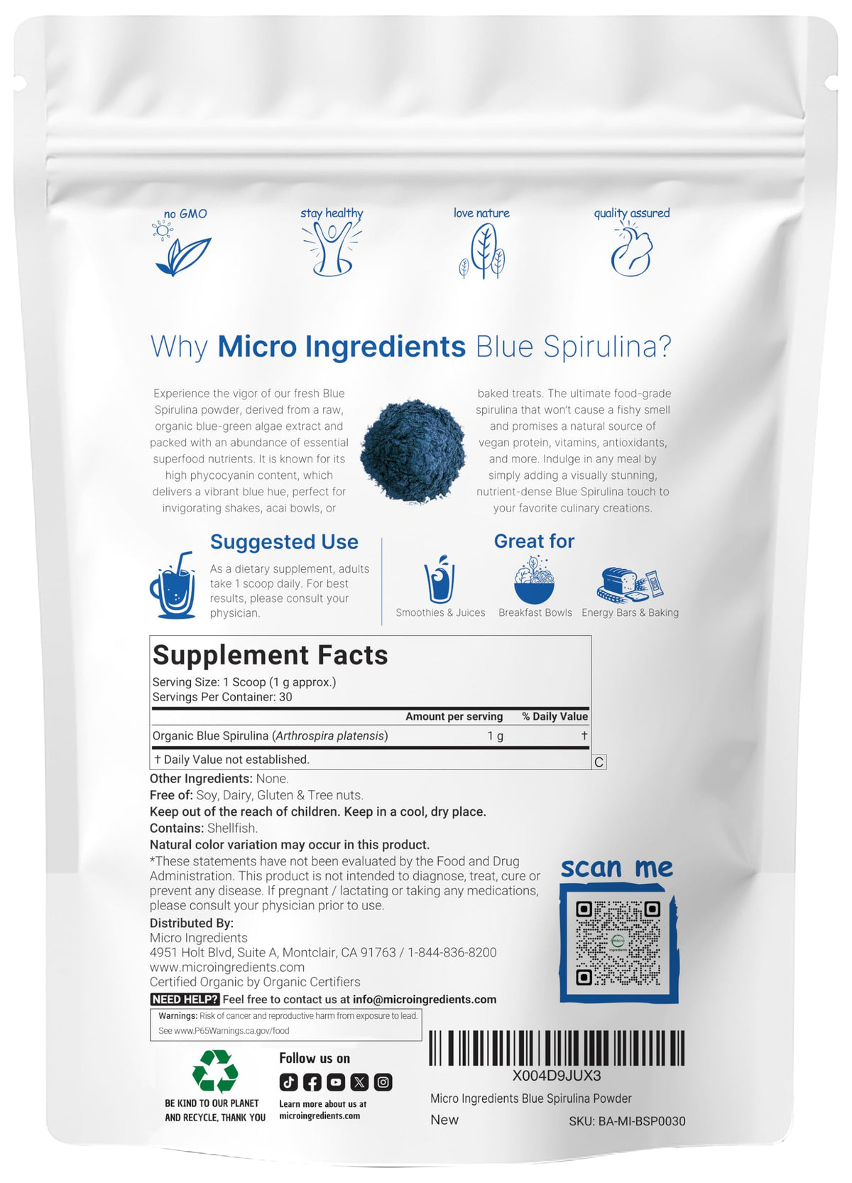 Vibrant blue phycocyanin extract powder scoop highlighting the natural food coloring texture