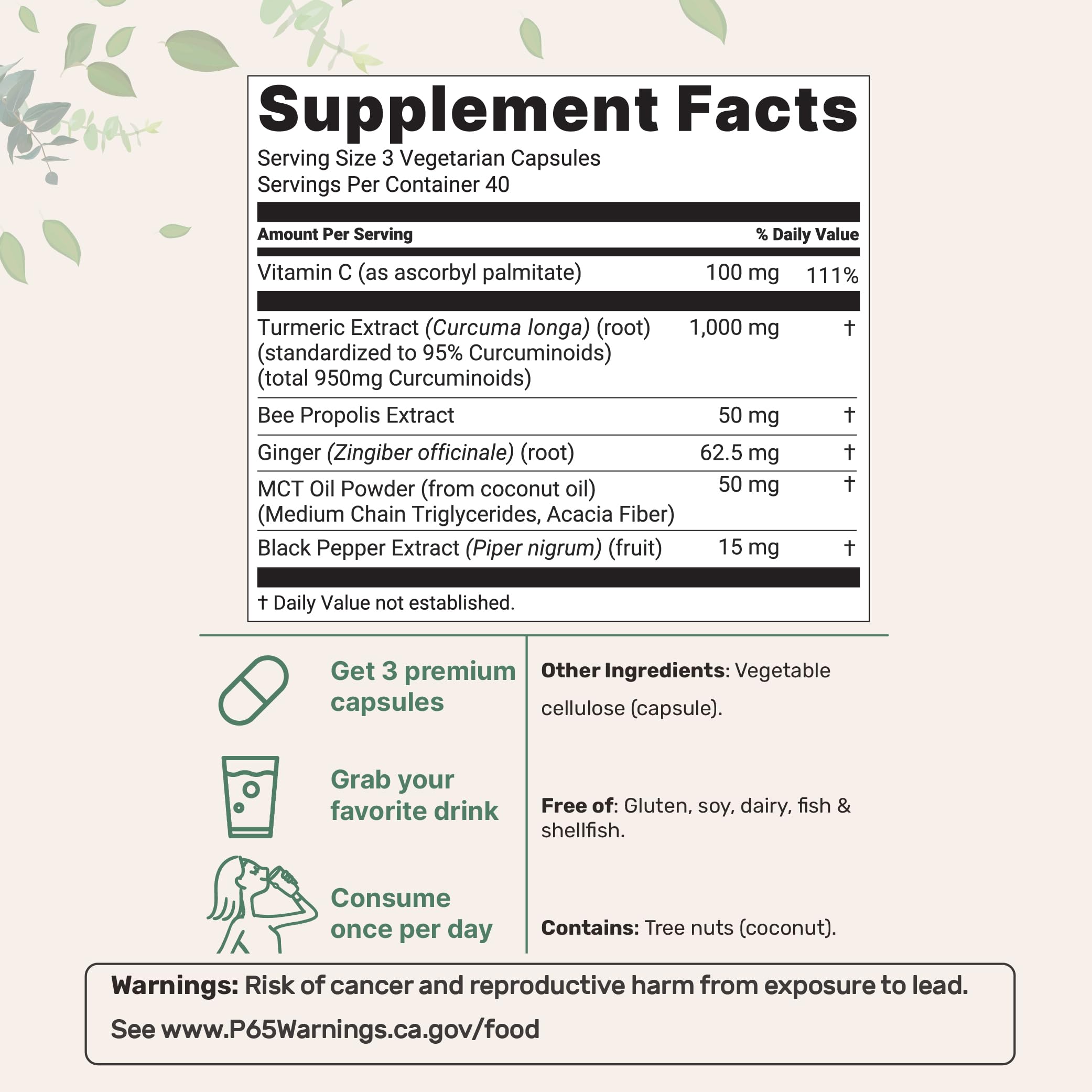 Micro Ingredients Turmeric 95 percent curcuminoids capsule supplement fact panel with ingredients.