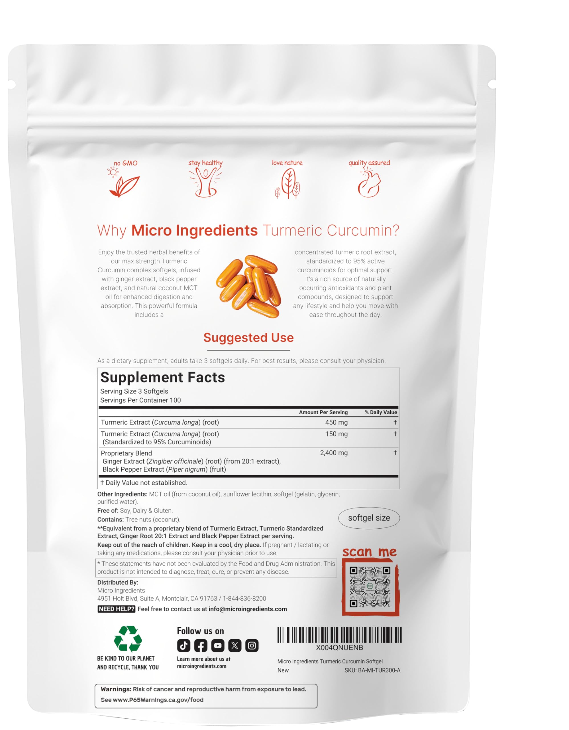Micro Ingredients Turmeric Curcumin supplement bottle back label displaying supplement facts and premium ingredients.
