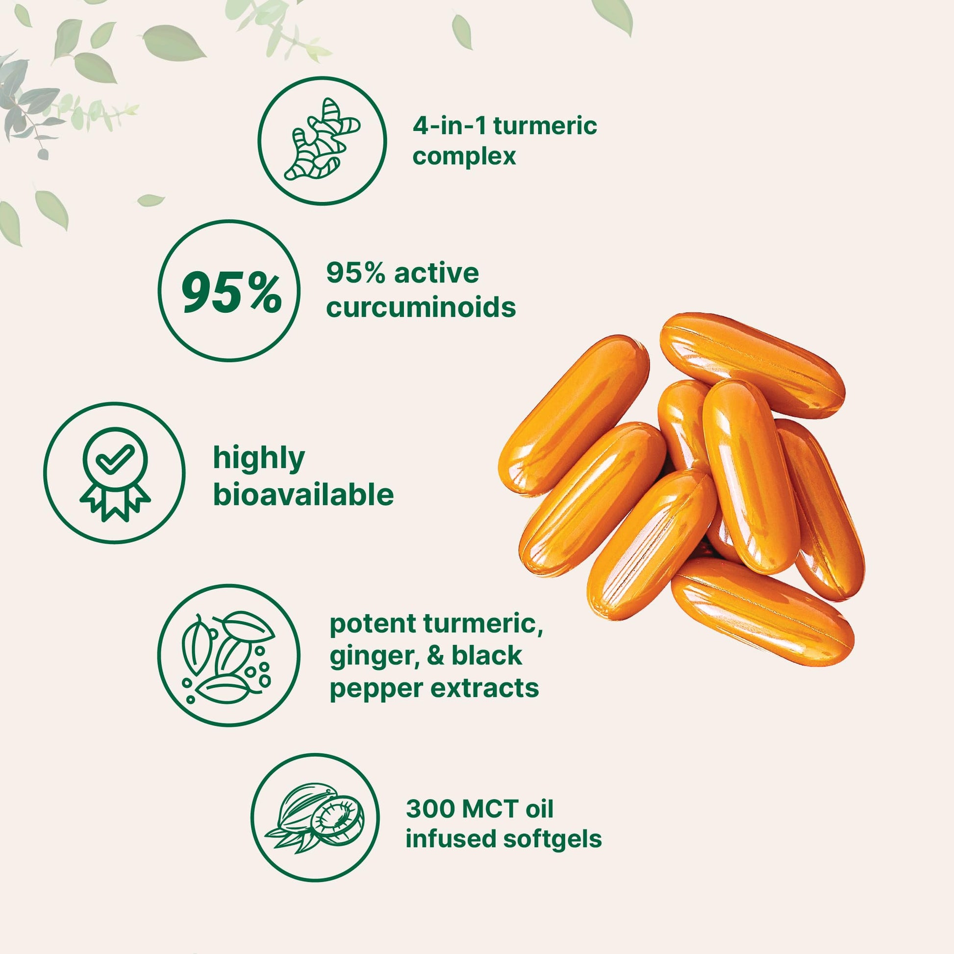 Micro Ingredients Turmeric Curcumin four in one formula icons highlighting ninety five percent curcuminoids and black pepper.