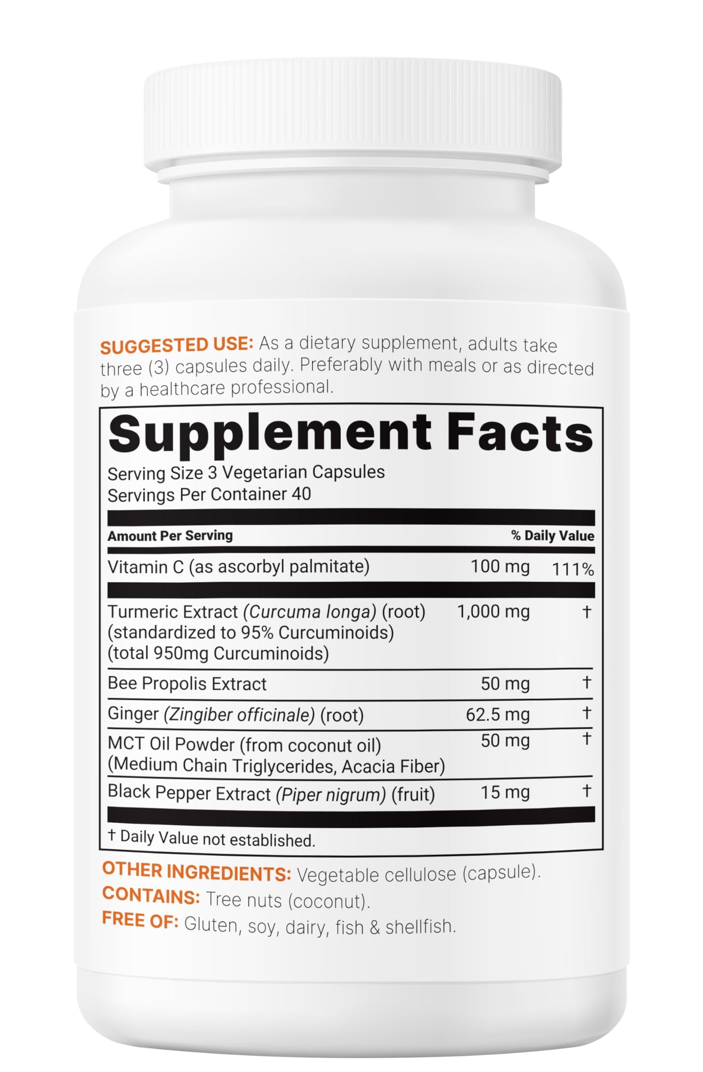 Side view of Micro Ingredients 1000mg turmeric curcumin bottle highlighting product certifications.