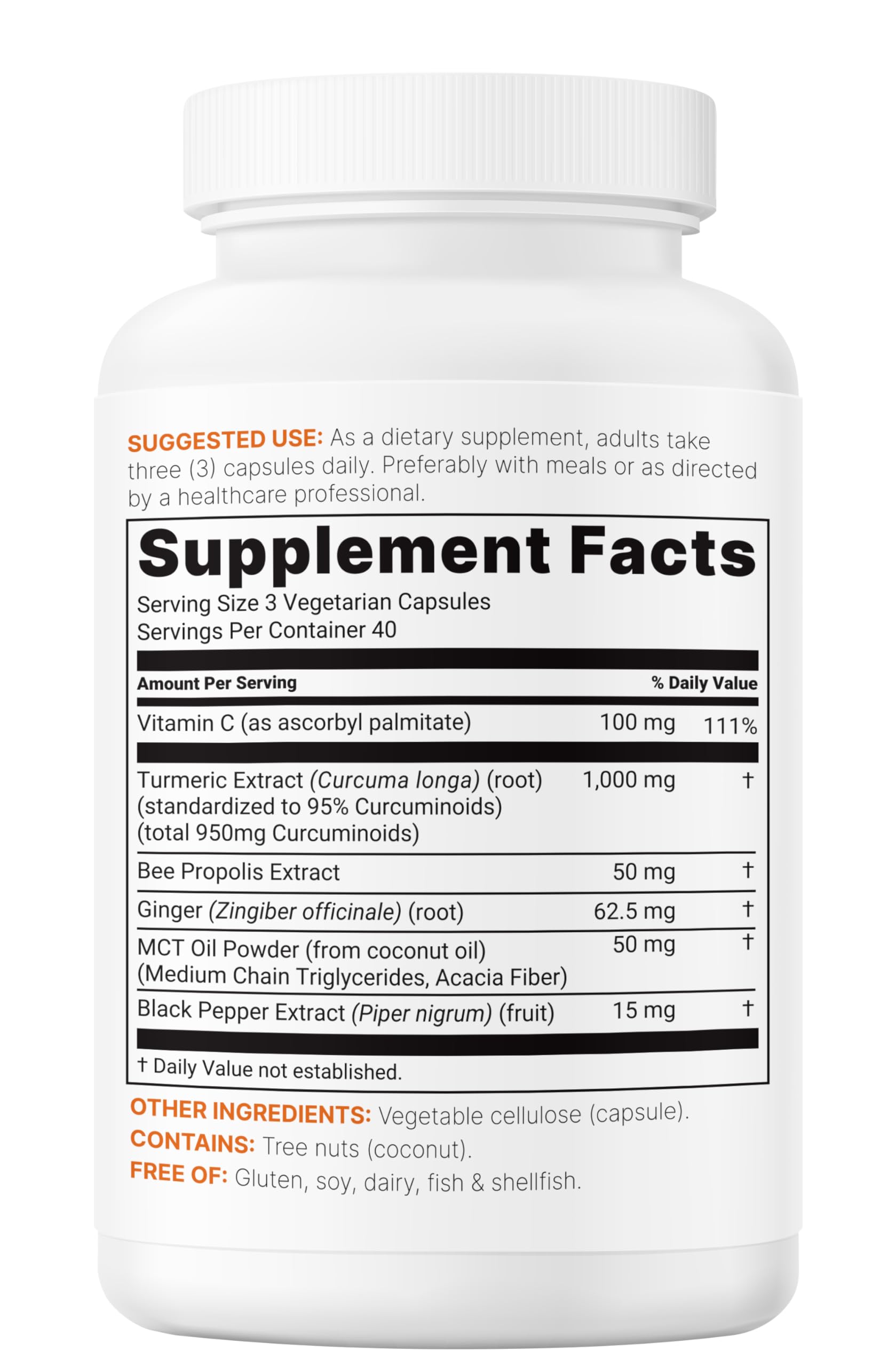 Side view of Micro Ingredients 1000mg turmeric curcumin bottle highlighting product certifications.