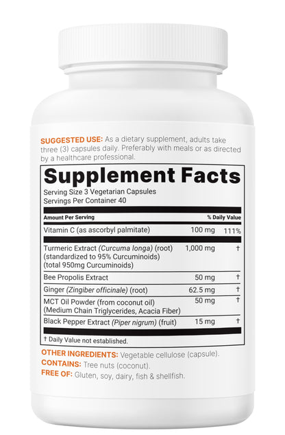 Side view of Micro Ingredients 1000mg turmeric curcumin bottle highlighting product certifications.