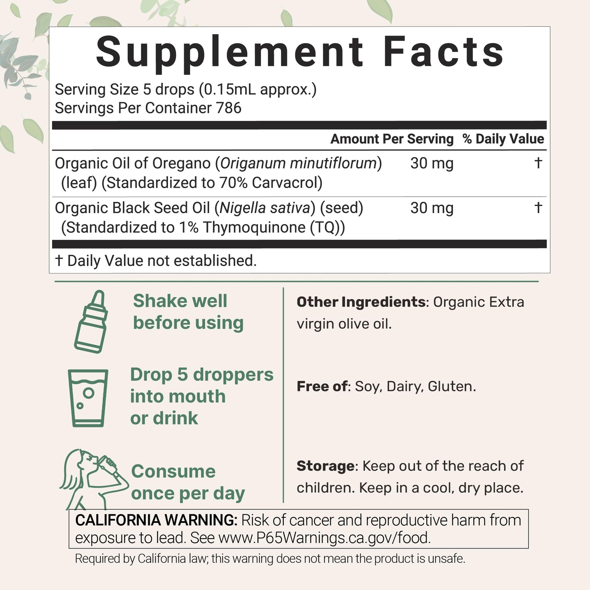Micro Ingredients organic oregano oil liquid blend supplement facts and ingredients label