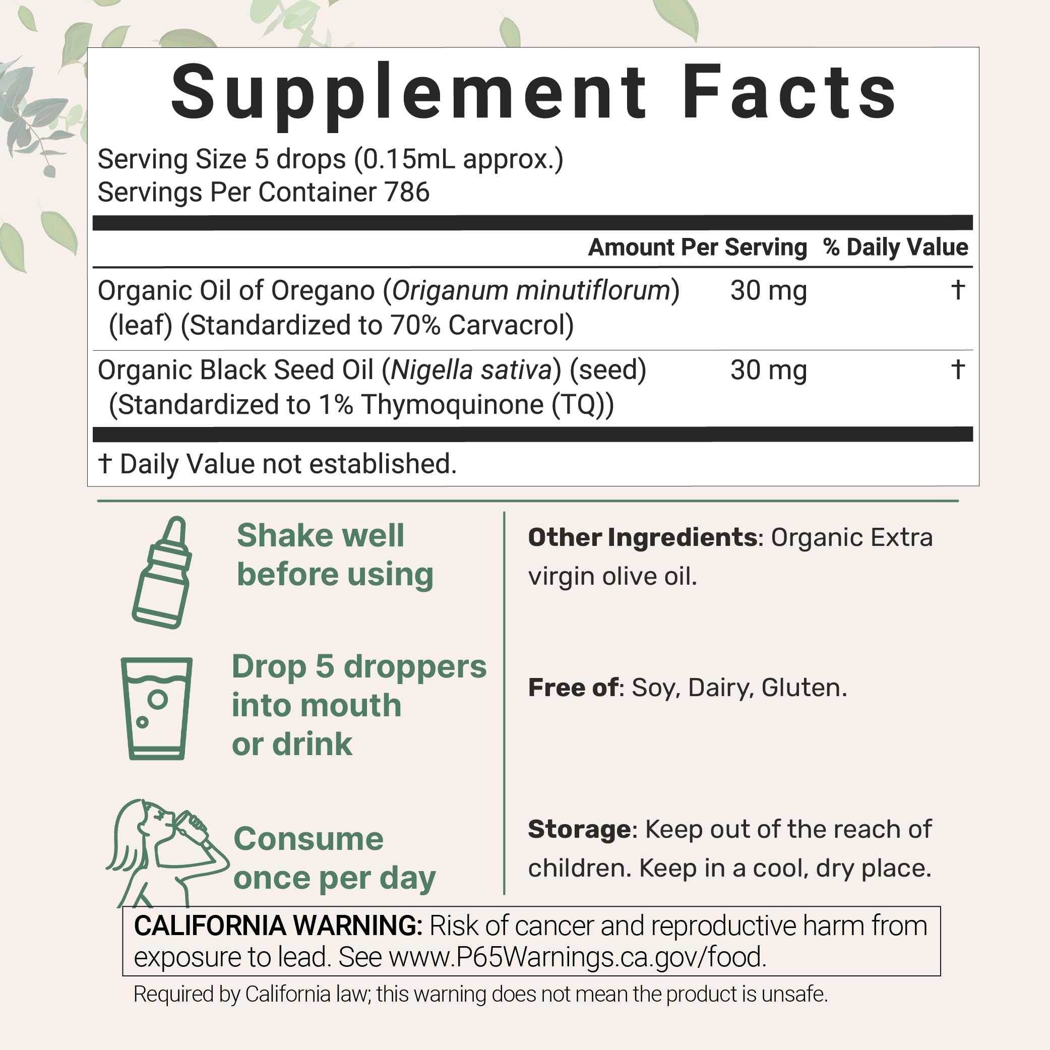 Micro Ingredients organic oregano oil liquid blend supplement facts and ingredients label