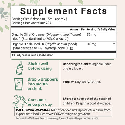 Micro Ingredients organic oregano oil liquid blend supplement facts and ingredients label
