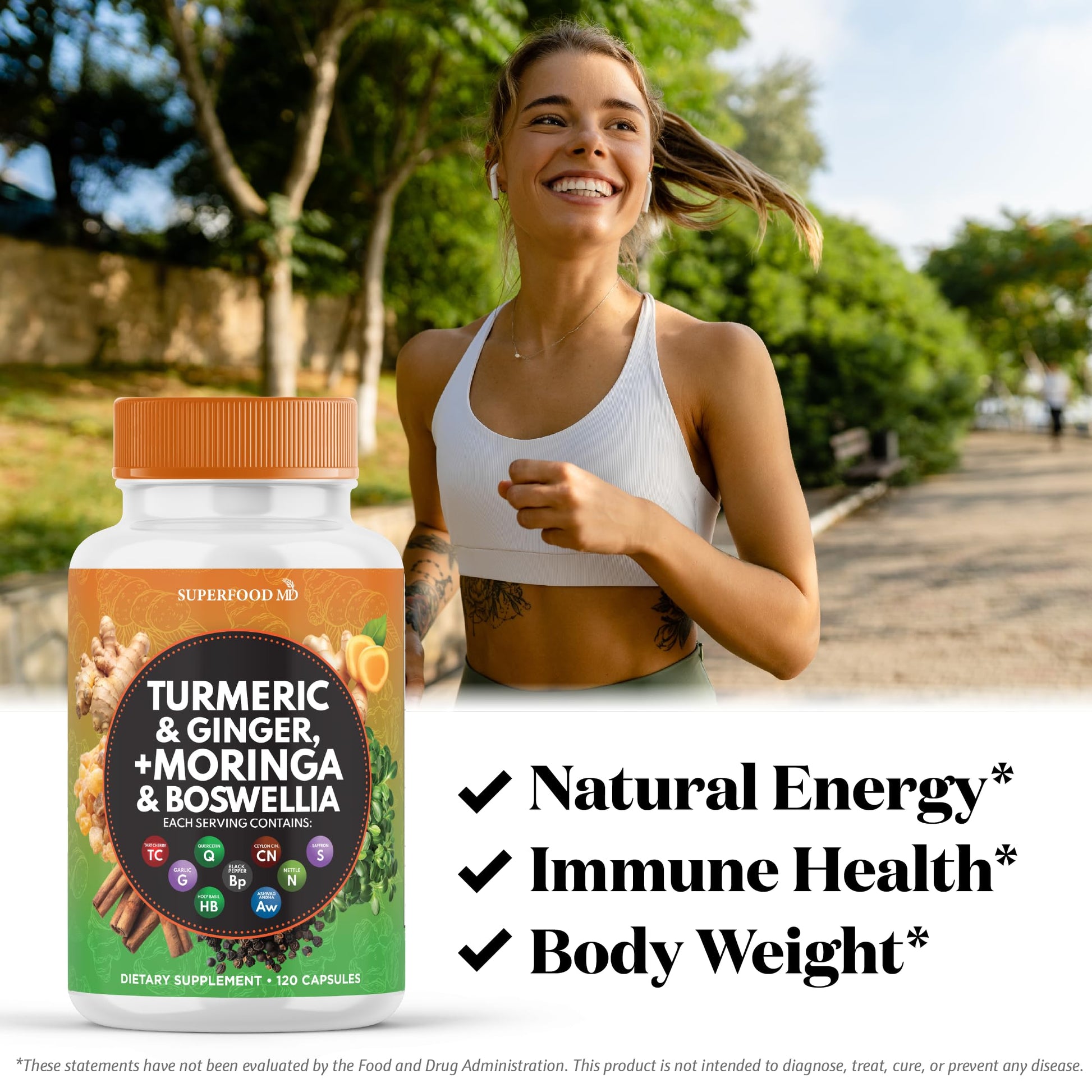 Superfood MD Turmeric Moringa 240 capsule bottle side profile