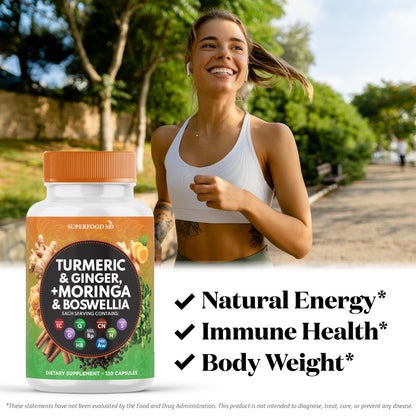 Superfood MD Turmeric Moringa 240 capsule bottle side profile