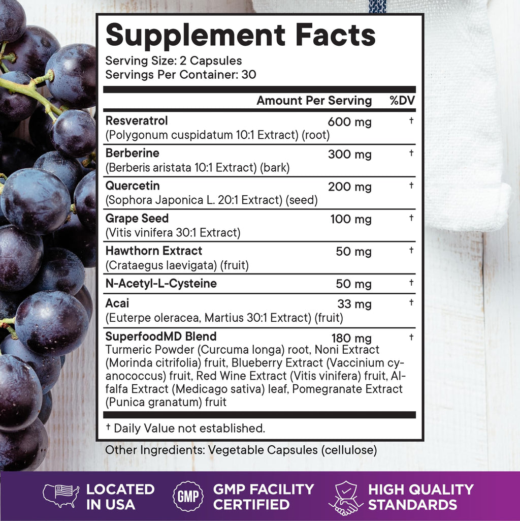 Superfood MD advanced polyphenol supplement bottle showing detailed antioxidant ingredient list on back panel