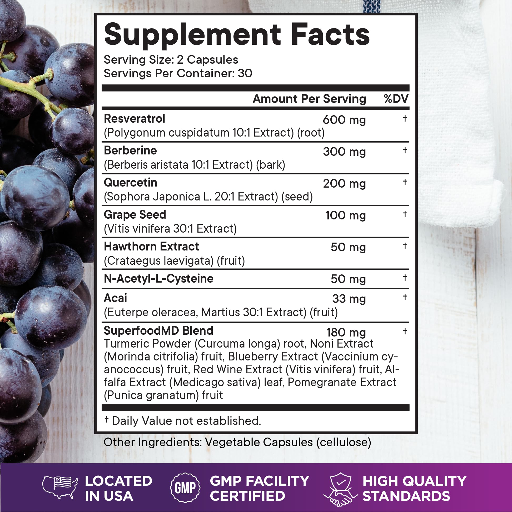 Superfood MD advanced polyphenol supplement bottle showing detailed antioxidant ingredient list on back panel