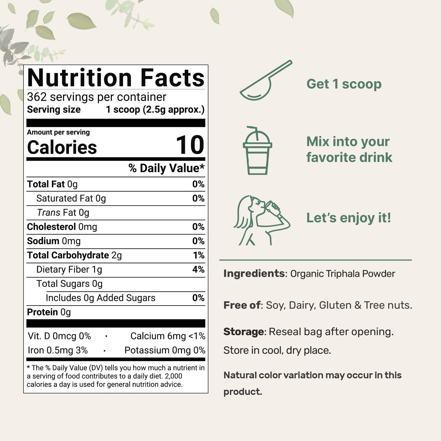 Back label of Micro Ingredients Triphala herbal adaptogen supplement highlighting the pure ingredients list.