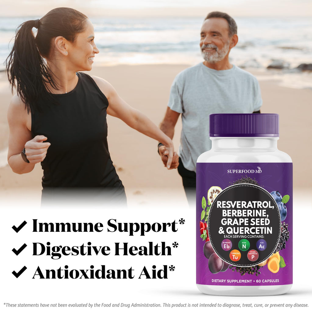 Side profile of Superfood MD dietary supplement showing product directions and USA manufacturing credentials