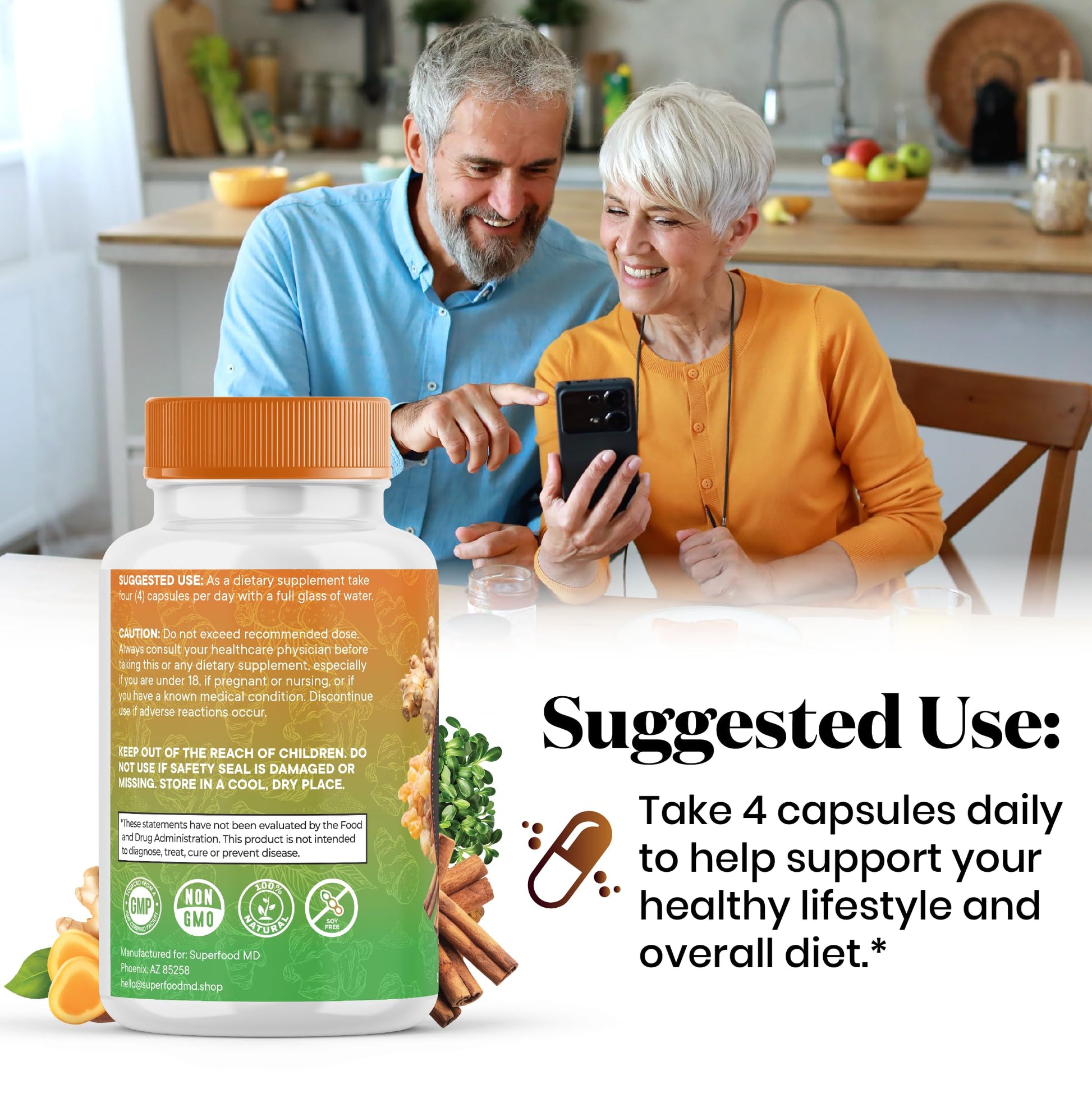 Superfood MD supplement bottle held in hand for scale
