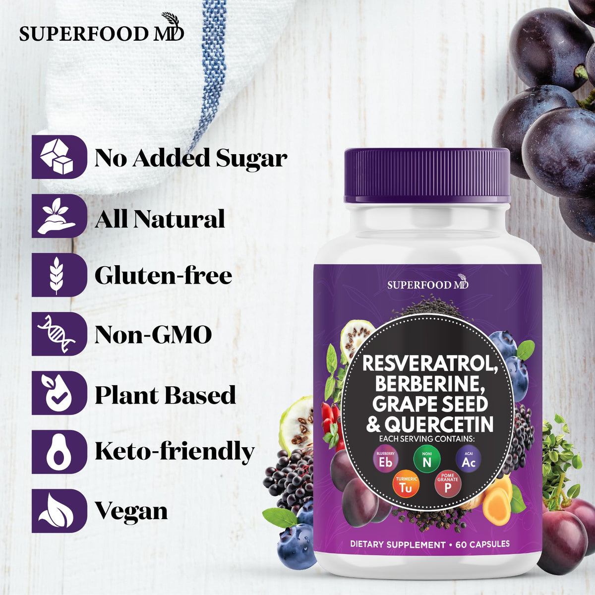 Full product display of Superfood MD Resveratrol Berberine capsules illustrating the premium imported bottle design