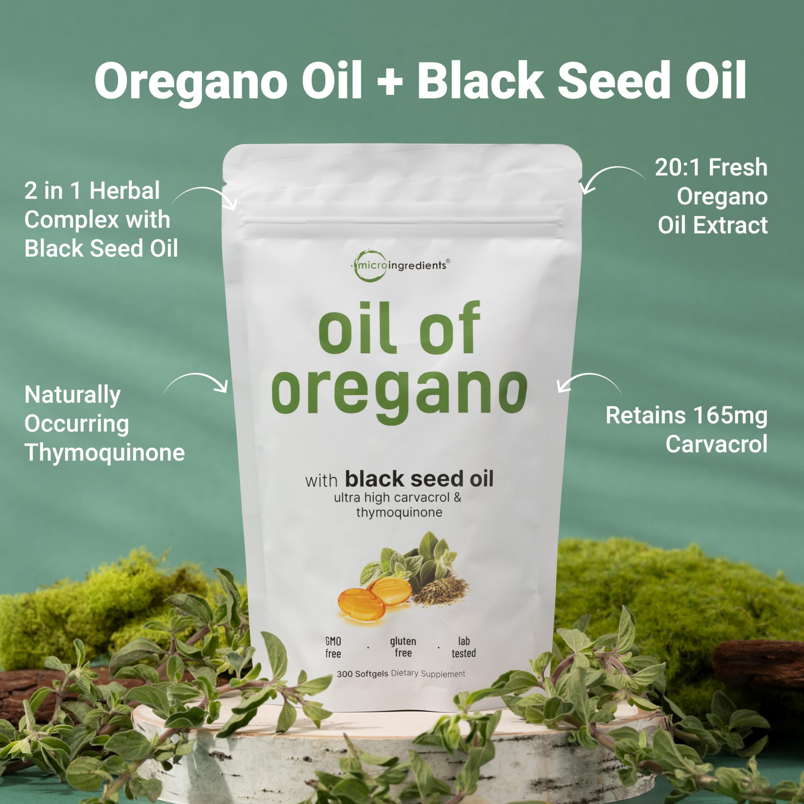 Micro Ingredients Oregano Oil 300 softgels product packaging displaying nutritional supplement facts panel