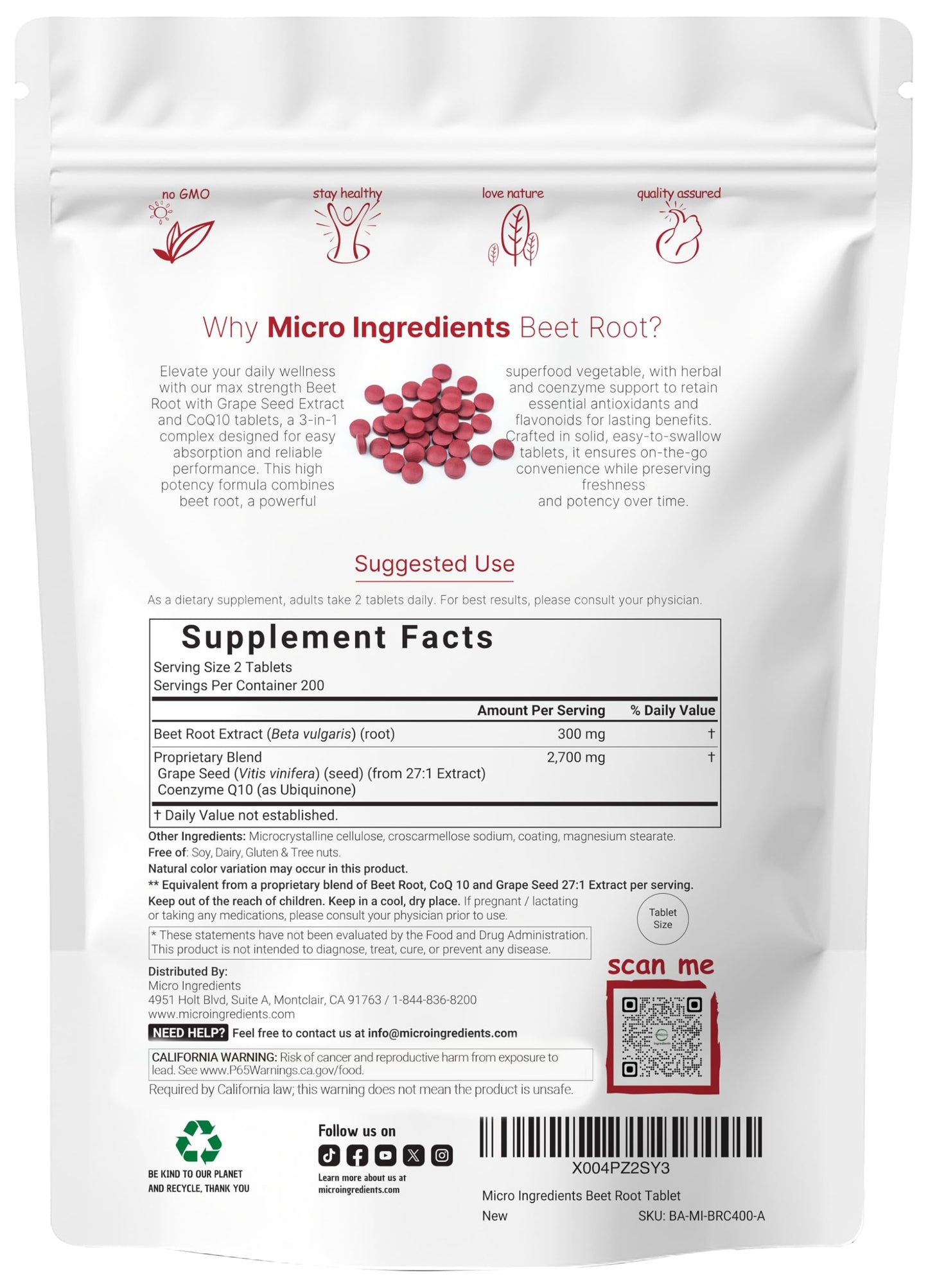 Micro Ingredients 400 tablet beetroot supplement bottle side profile