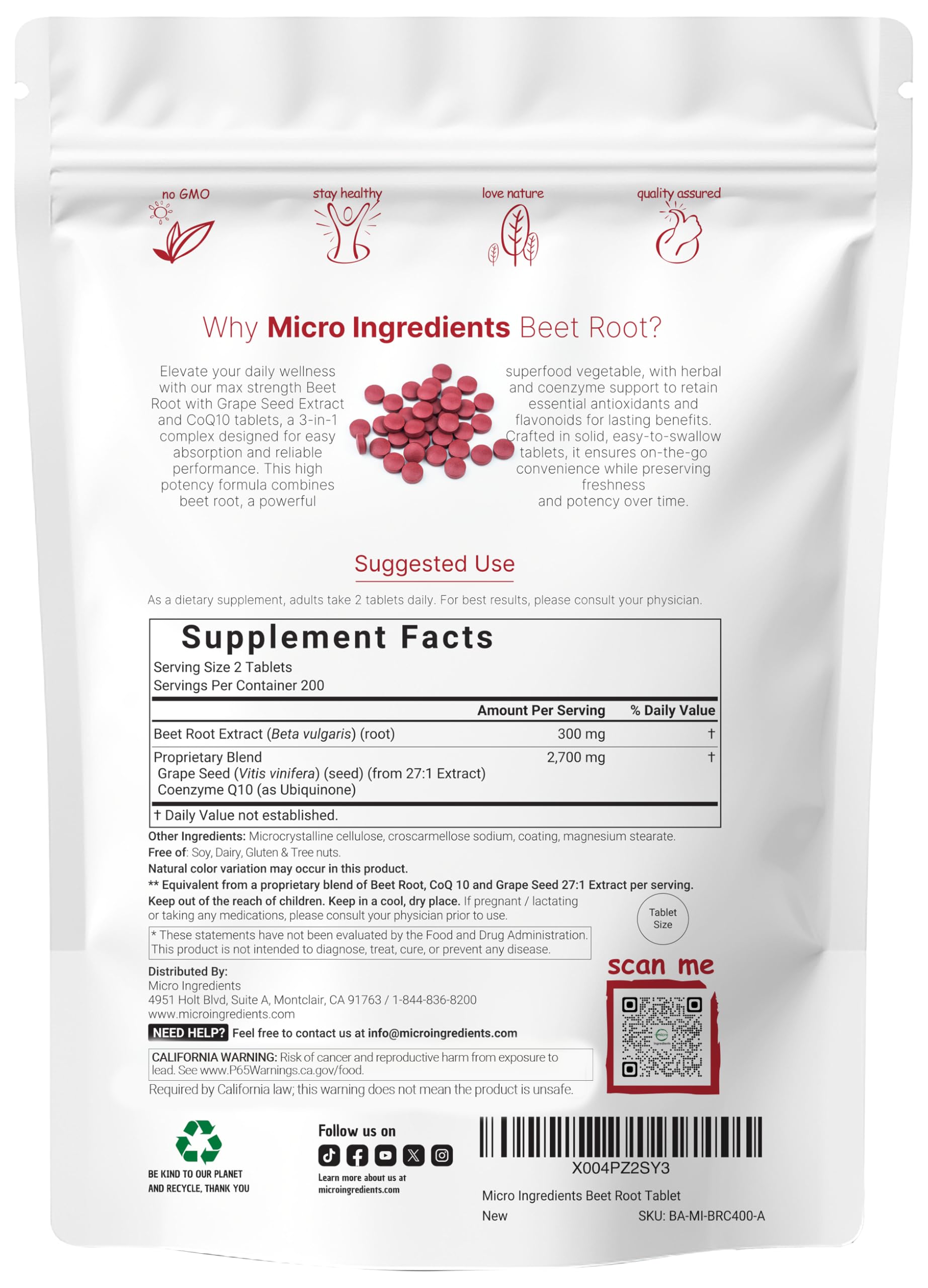 Micro Ingredients 400 tablet beetroot supplement bottle side profile