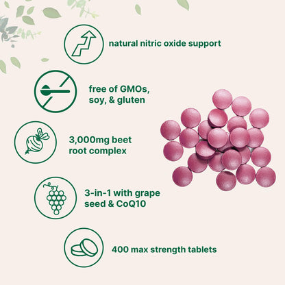 Close up of 3-in-1 formula beetroot grape seed and CoQ10 tablet texture